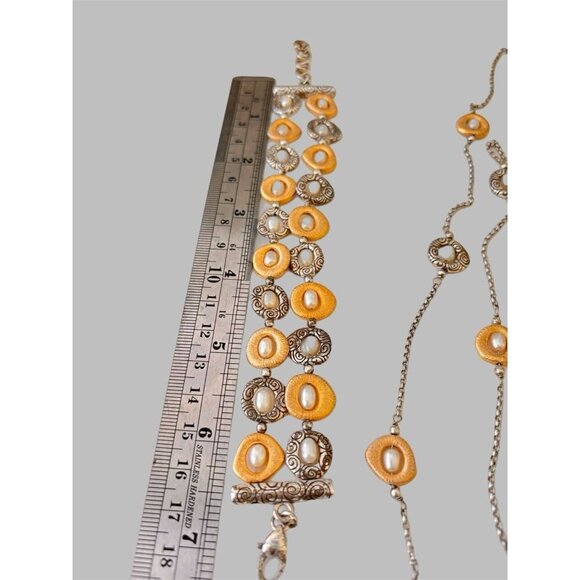 Brighton Satori Brushed Gold Silver Pearl Bracelet and Long Necklace Set VTG. - Picture 4 of 4